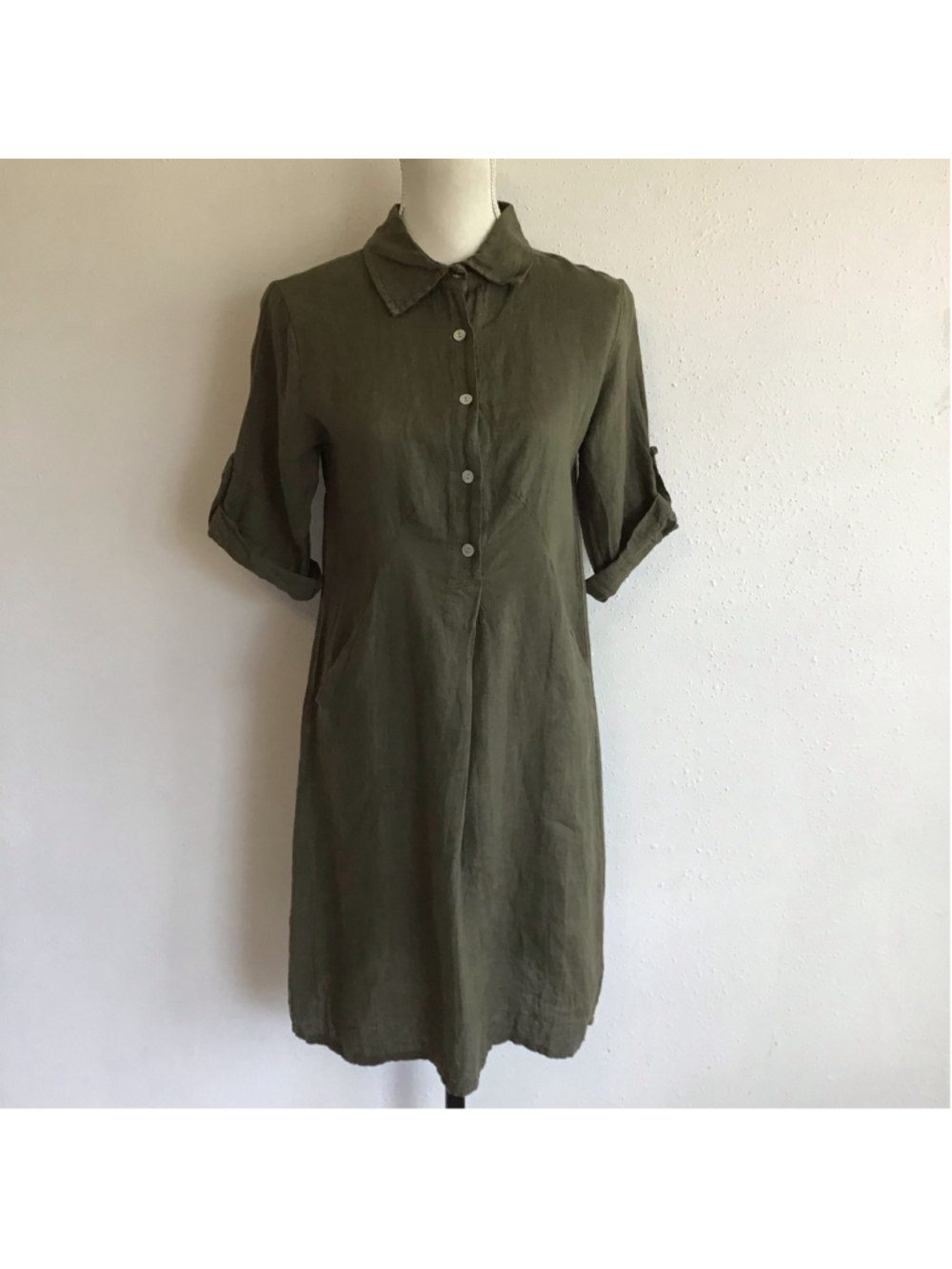 Elena Baldi Women Elegant Chic Olive Green 100% Linen Midi Shirt Dress Size S